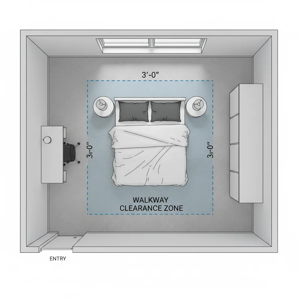 bedroom layout diagram showing 24 to 30 inch walkway clearance around bed