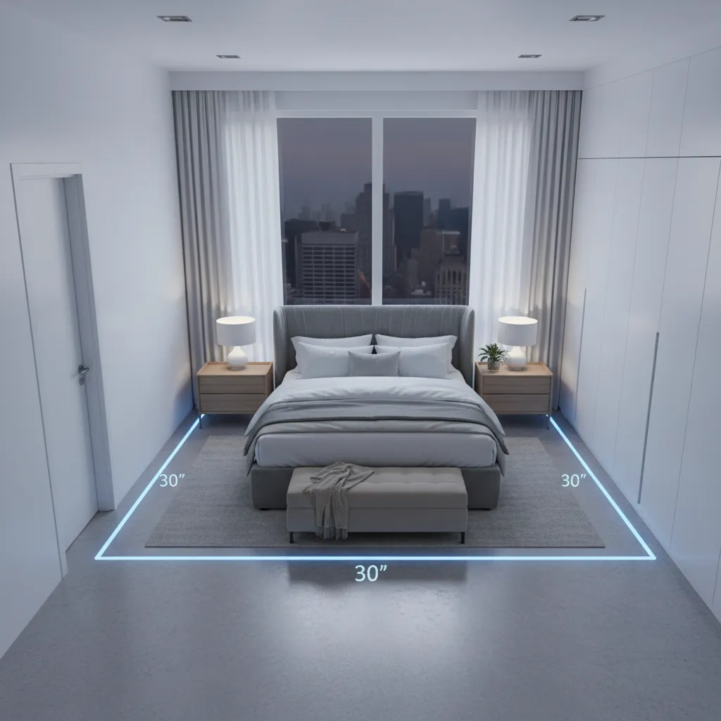 Bedroom layout showing 30 inch clearance around bed and dresser