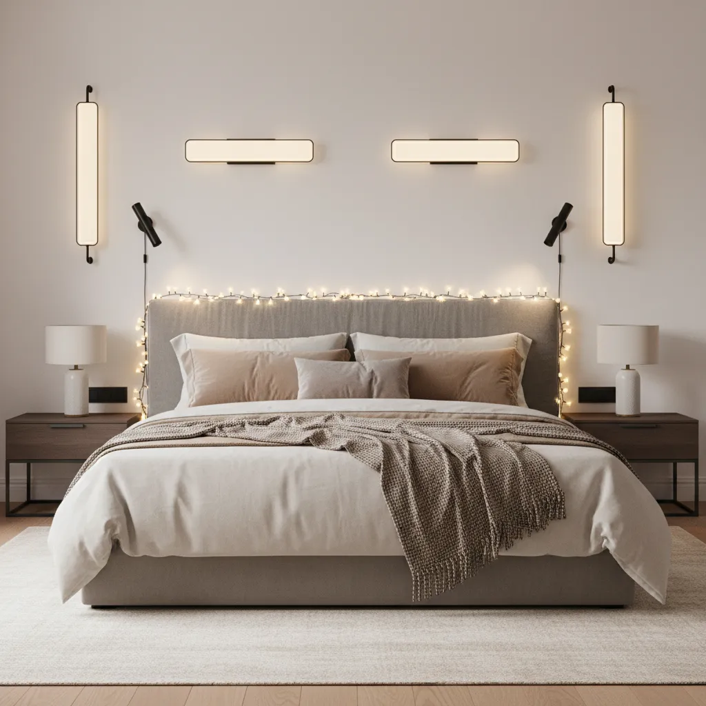 Bedroom wall with symmetrical decorative lights above bed