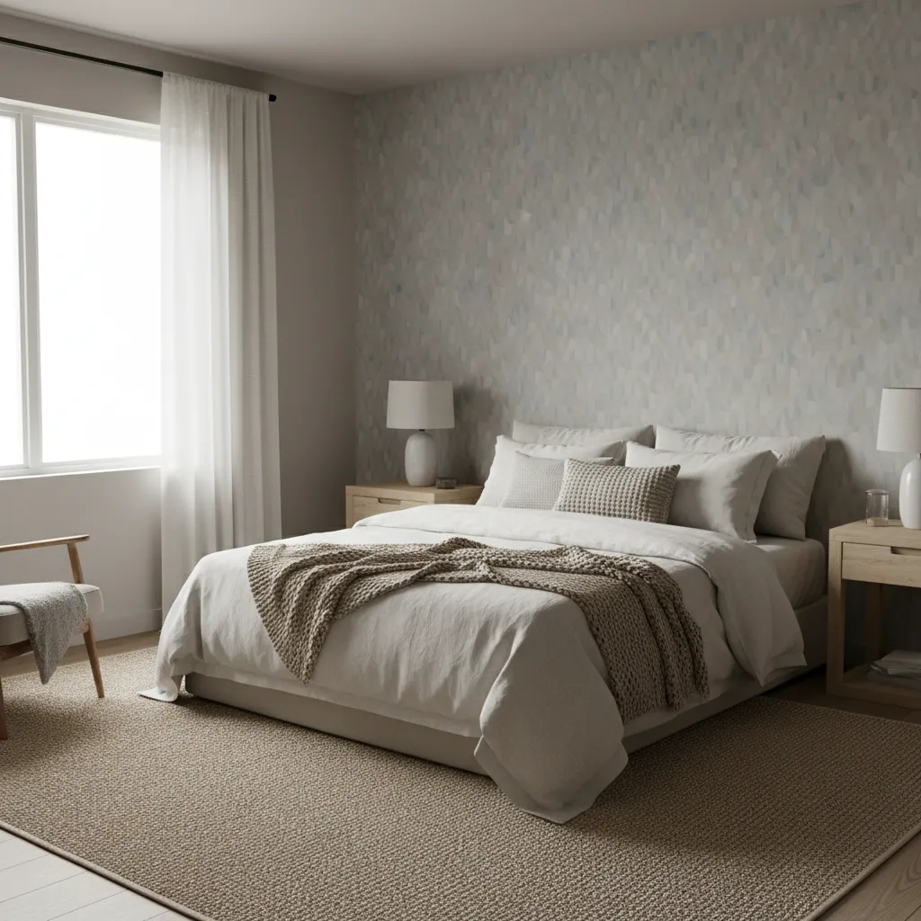 Modern bedroom interior showing neutral paint walls with a subtle wallpaper accent wall