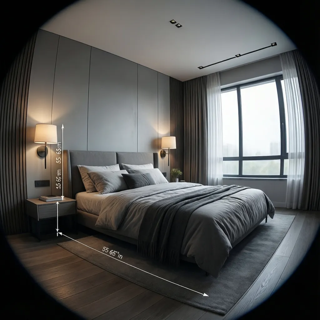 Bedroom diagram showing recommended wall sconce height between 55 and 65 inches from the floor