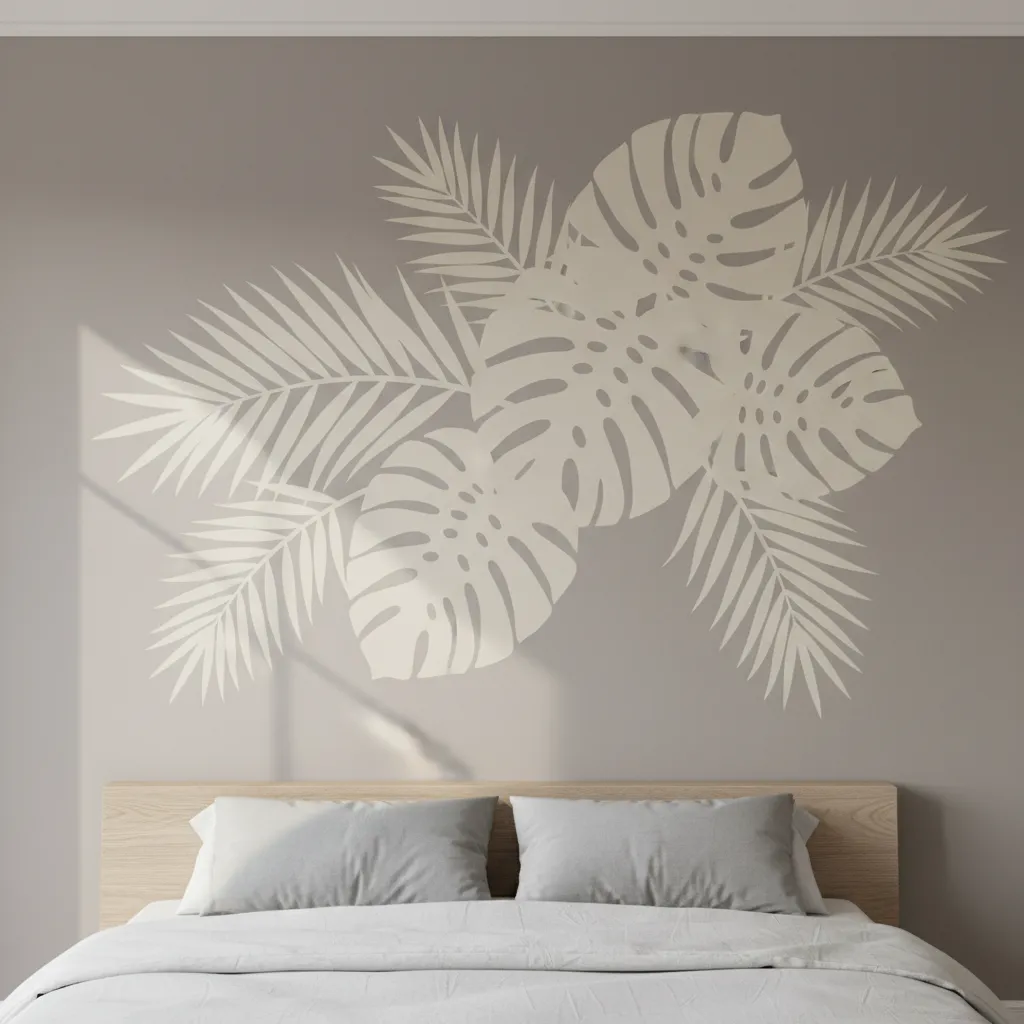 close view of large botanical wall decal in bedroom
