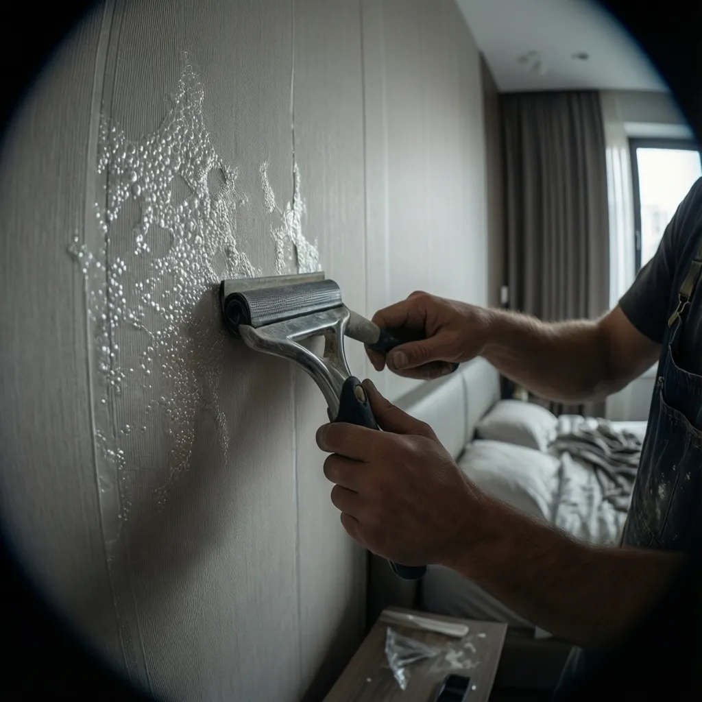 Bedroom wallpaper installation showing air bubbles forming on a feature wall