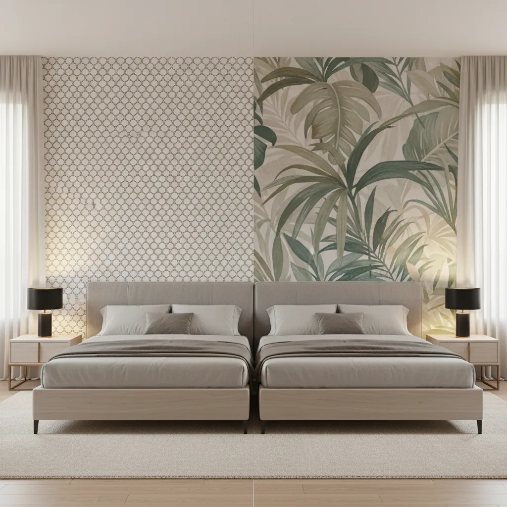 comparison of large and small wallpaper patterns in bedroom