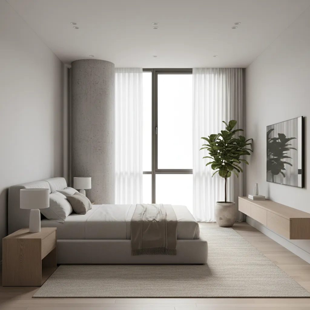 Minimalist bedroom with grey concrete pillar green plant white curtains grey bed and wooden cabinet