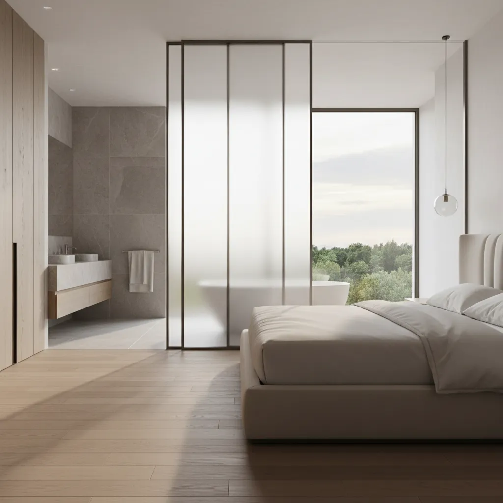 Modern bedroom with beige bed wood floor frosted glass wall bathroom area bathtub and windows