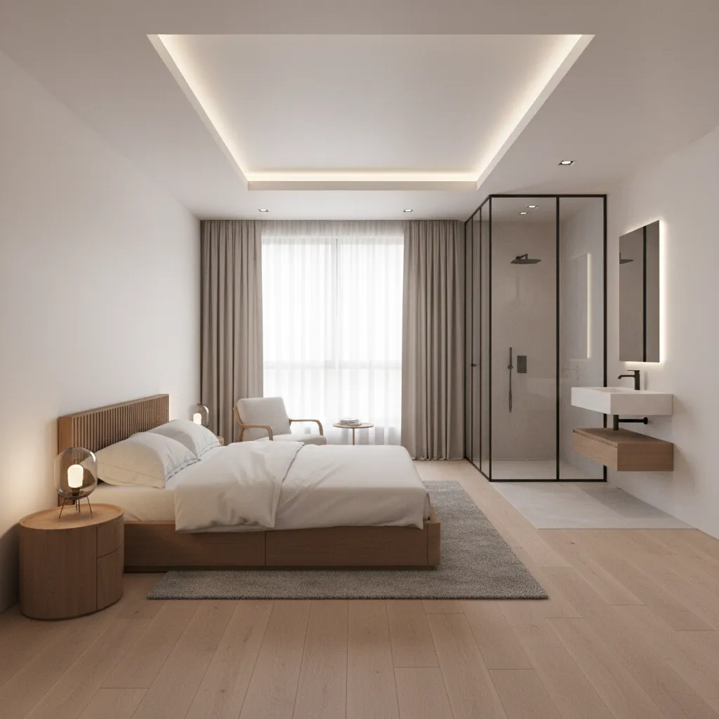 Modern bedroom with wooden floors and glass enclosed bathroom area featuring a white wash sink