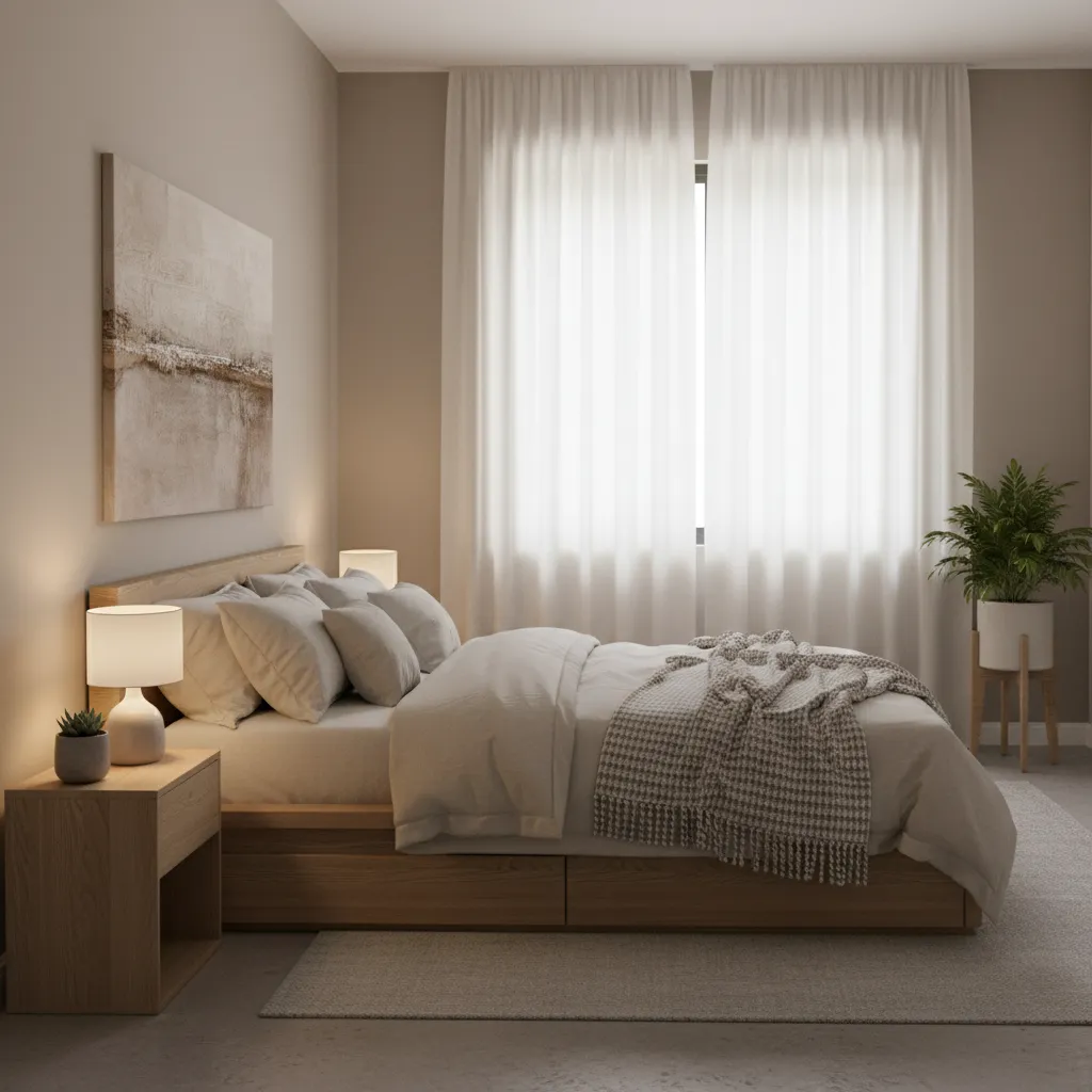 Phòng ngủ có vài chậu cây nhỏ đặt cạnh giường