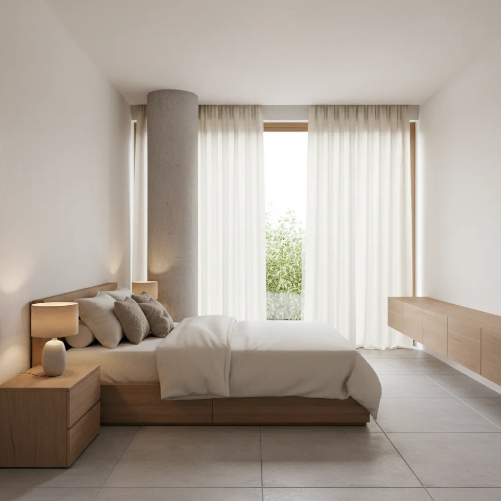 Small bedroom interior showing structural column near bed layout