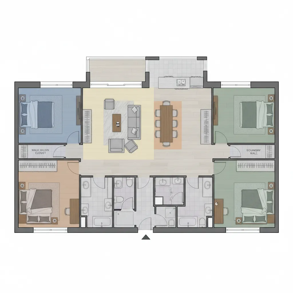 3 bedroom house plan showing proper bedroom zoning and privacy layout
