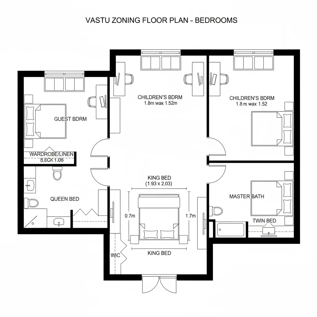 Top-down CAD plan showing SW master, NE children’s, NW guest layout
