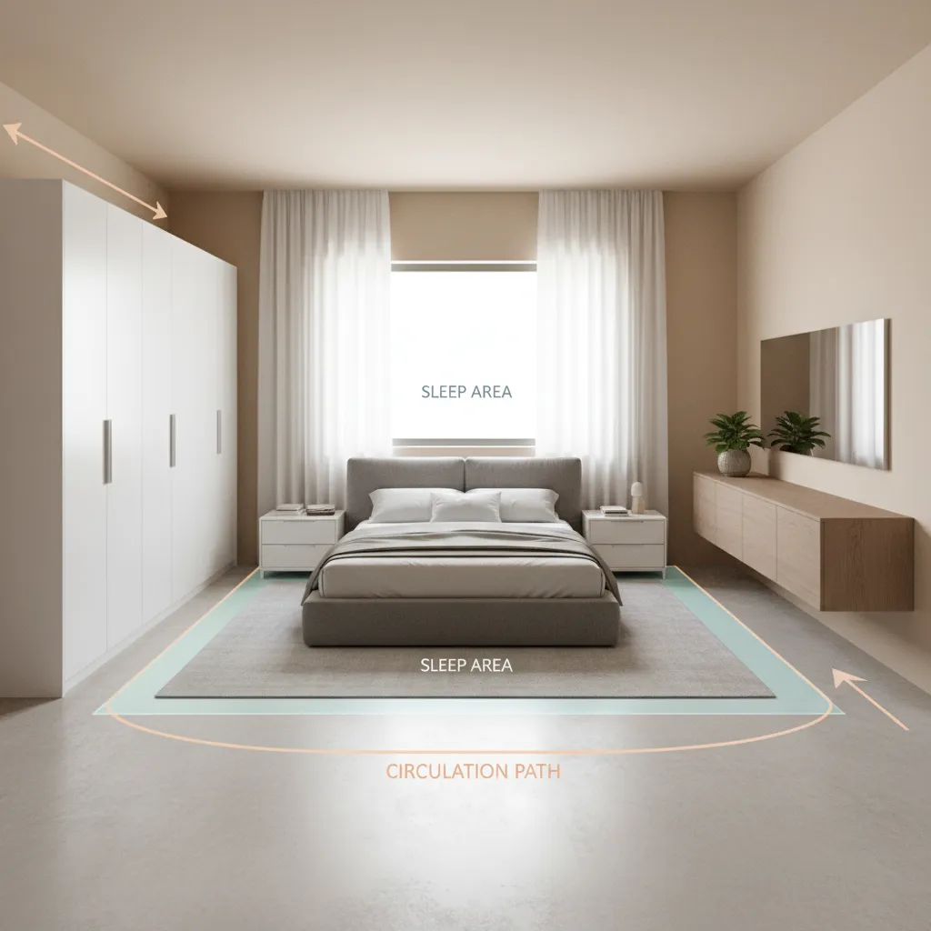 bedroom zoning diagram showing sleep zone storage zone and circulation zone