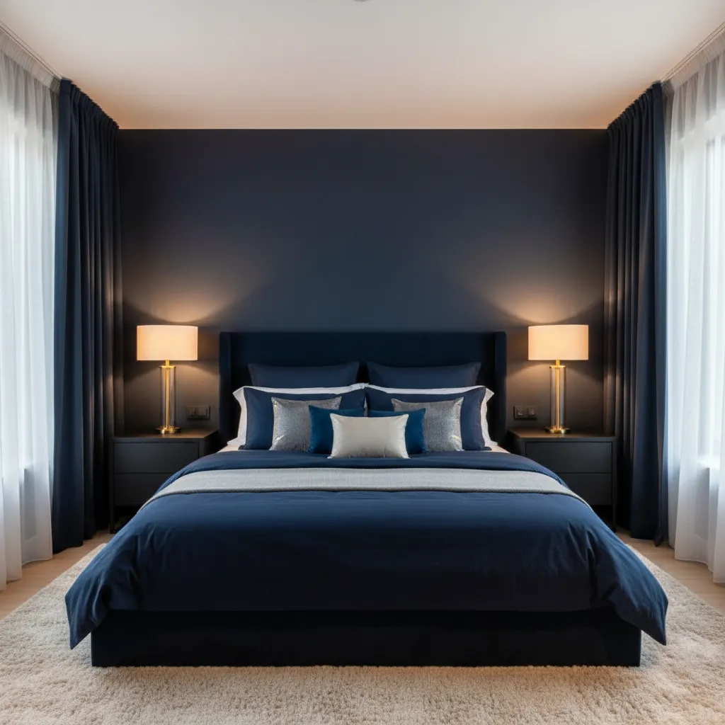 Bedside lamp placement with gold fixtures in a navy bedroom