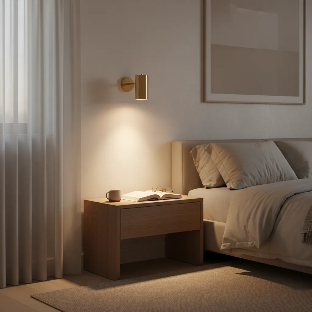 Bedroom bedside reading light positioned correctly above nightstand