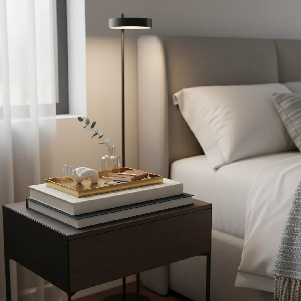 Layered bedside table decor showing lamp books and decorative objects