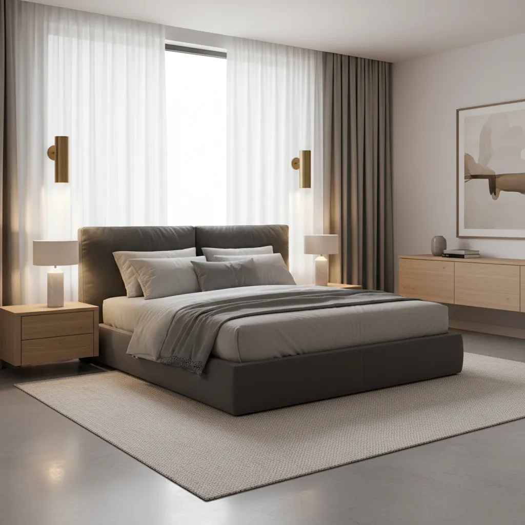 Bedroom wall sconces positioned beside headboard showing proper spacing from bed edge