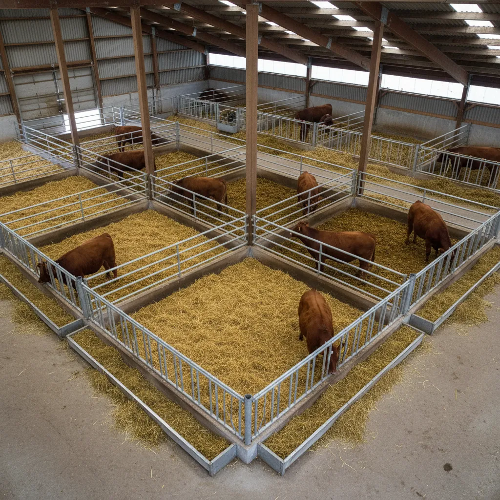 Interior design drawing showing several square metal pens for cattle with hay on the floor