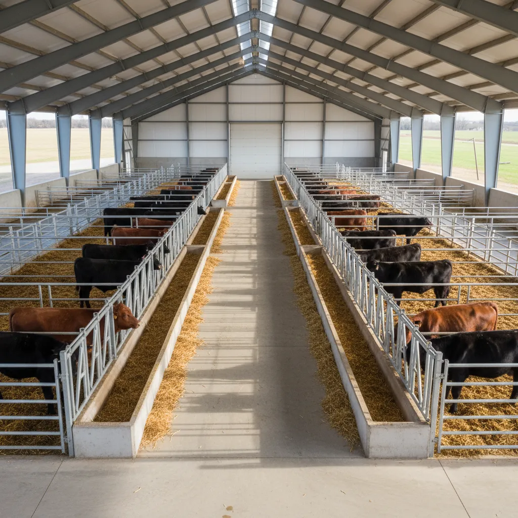 Interior design drawing showing a modern barn layout with cows in pens and central walkway