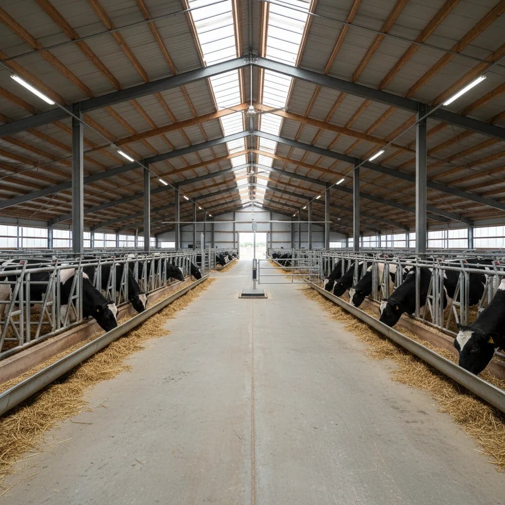 Interior view of a modern cattle barn with cows eating from long metal feeding areas