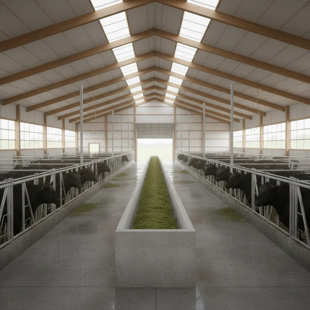 beef steer barn pen layout with feed bunk and central alley