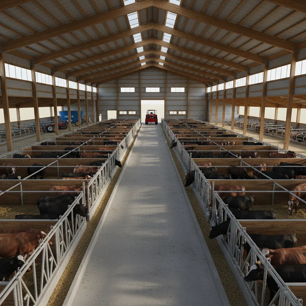 Interior design drawing of a cattle barn showing many pens and a small red tractor