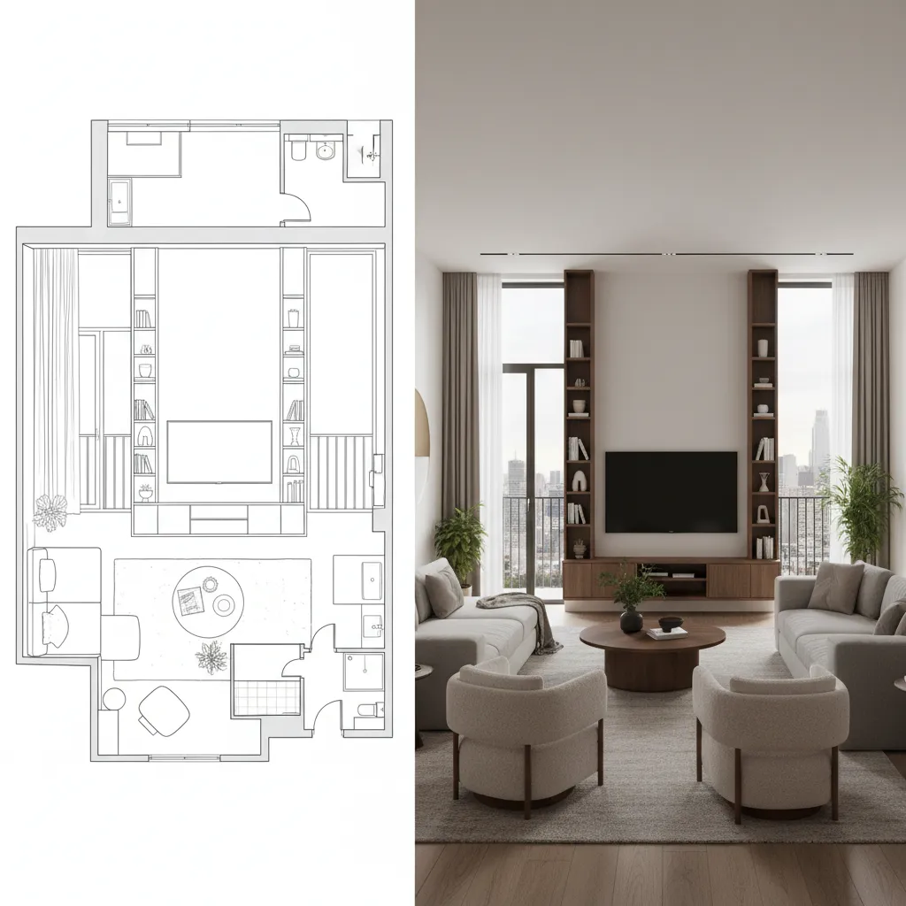 Split view showing simple floor plan on one side and finished realistic 3D interior rendering on the other