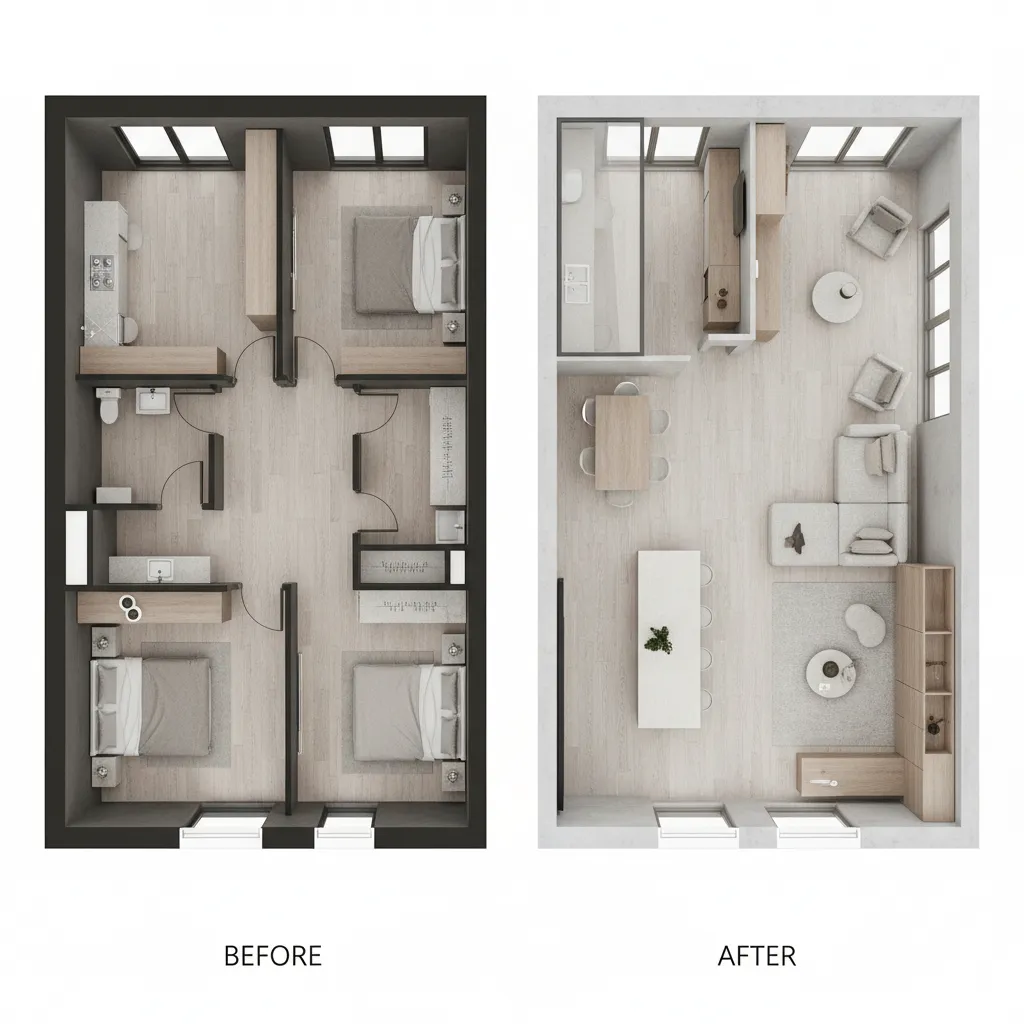 Comparación de distribución de un apartamento antes y después del diseño interior