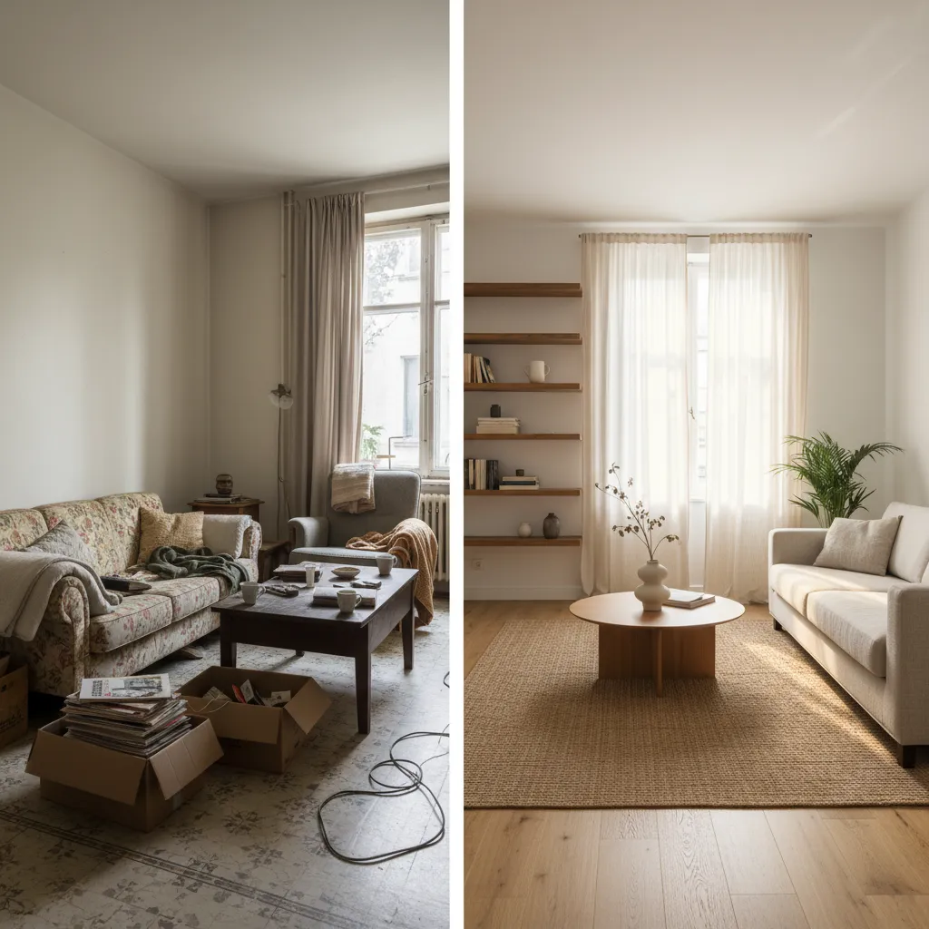 Before and after comparison of a messy living room versus a clean modern minimalist apartment