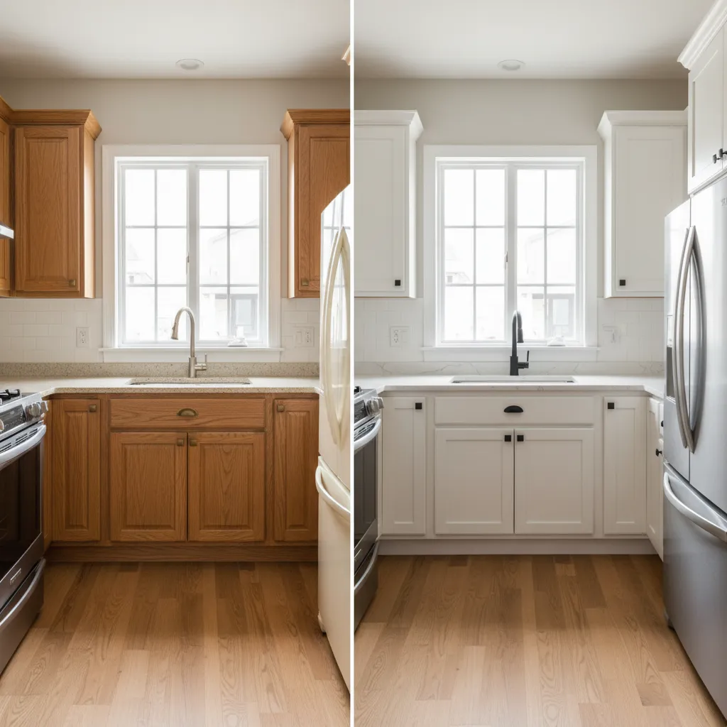 kitchen showing updated cabinet doors replacing older oak cabinets