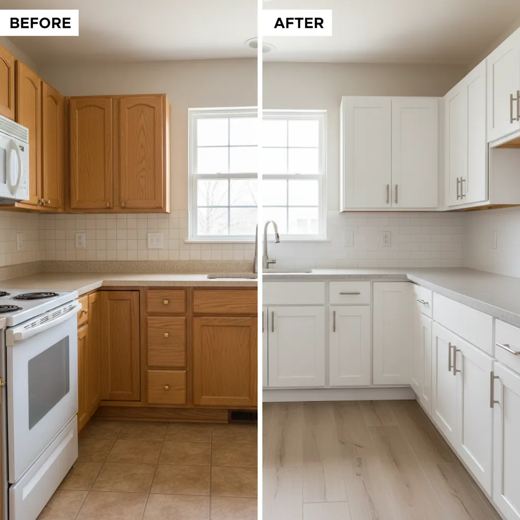 comparison of outdated kitchen cabinets and refaced modern cabinets