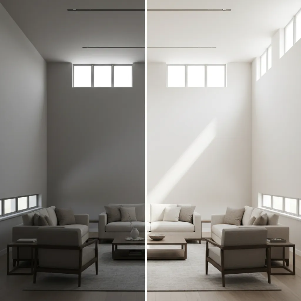 Split view shows a living room before and after adding clerestories and skylights.