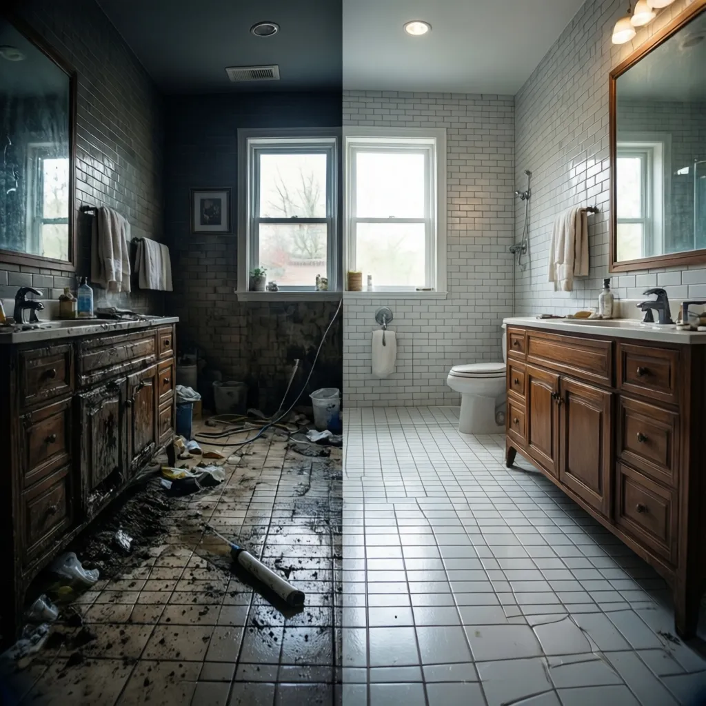 Before and after comparison of grout cleaning results