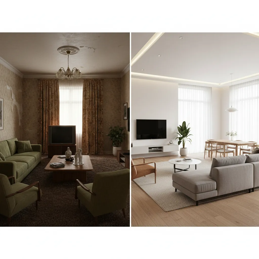 dramatic before and after home renovation transformation interior comparison