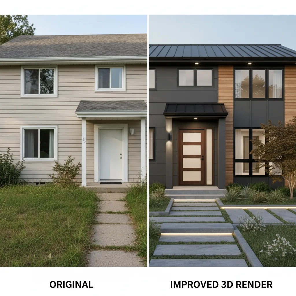 comparison of original house exterior and improved 3D rendered curb appeal design