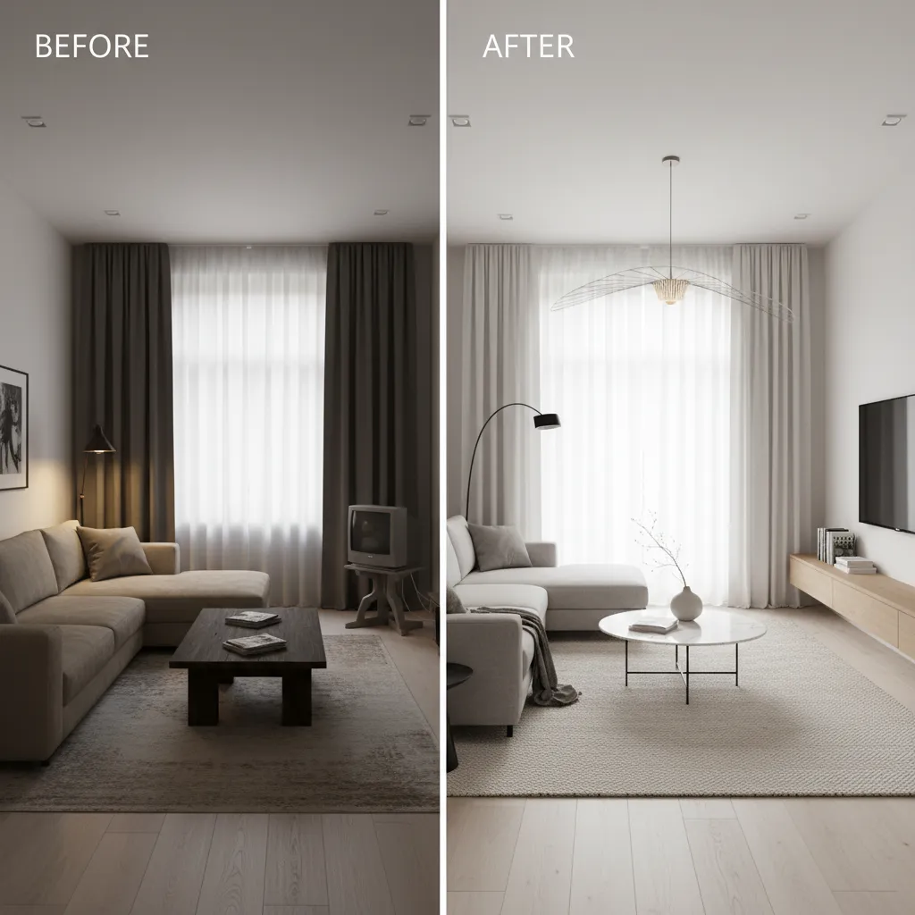 Comparación antes y después de un diseño interior en un salón