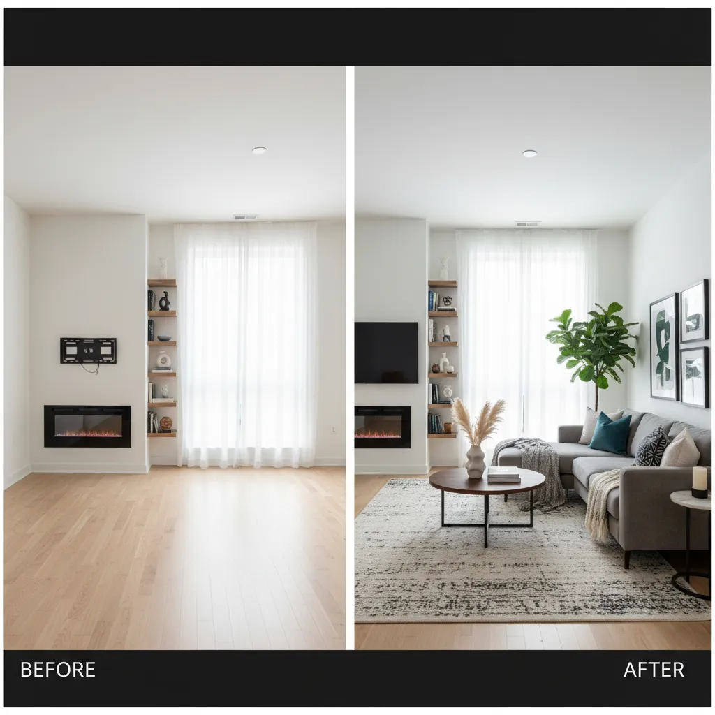 Comparación entre espacio sin decorar y espacio terminado