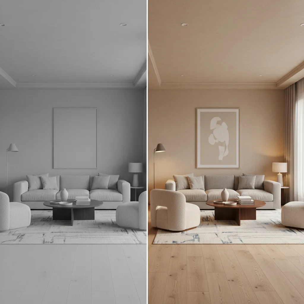 comparison of simple 3D model and photorealistic interior render