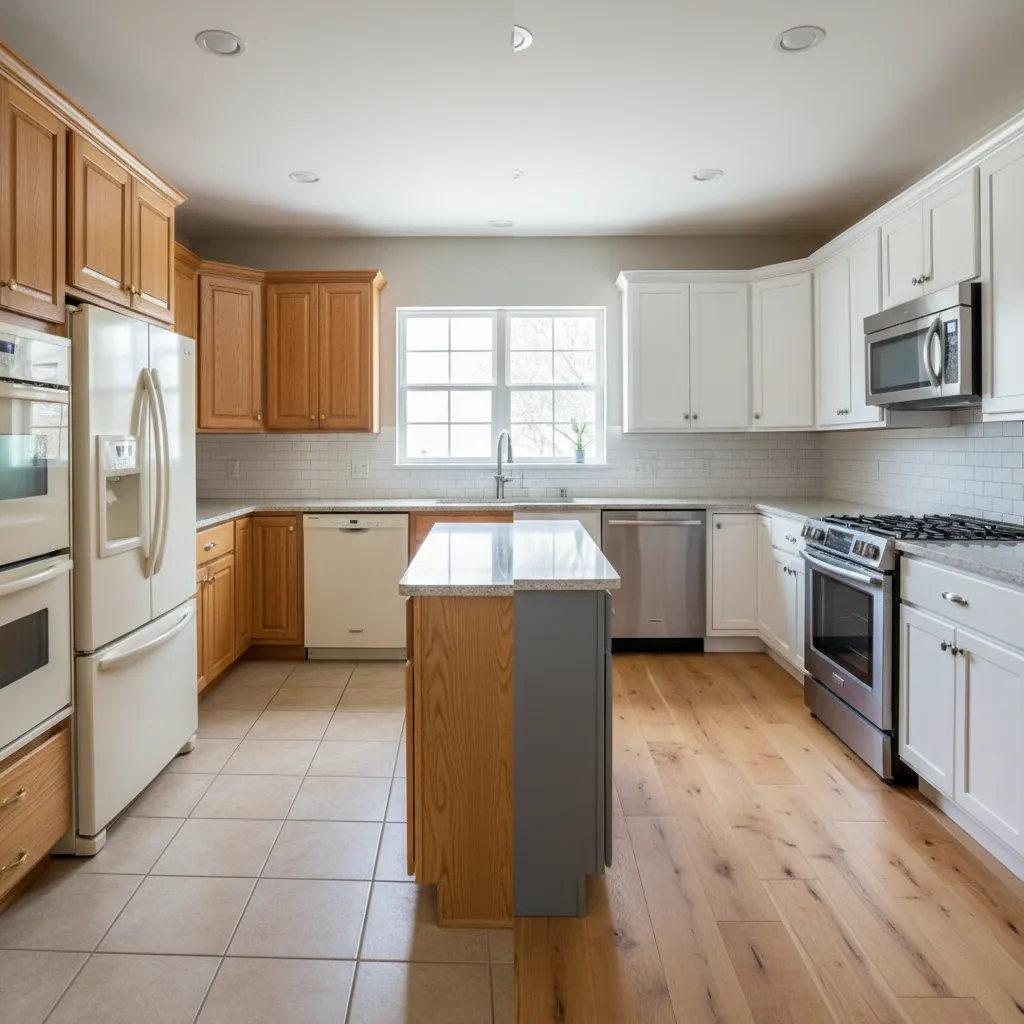 Kitchen showing comparison of old cabinet doors and new shaker style replacements