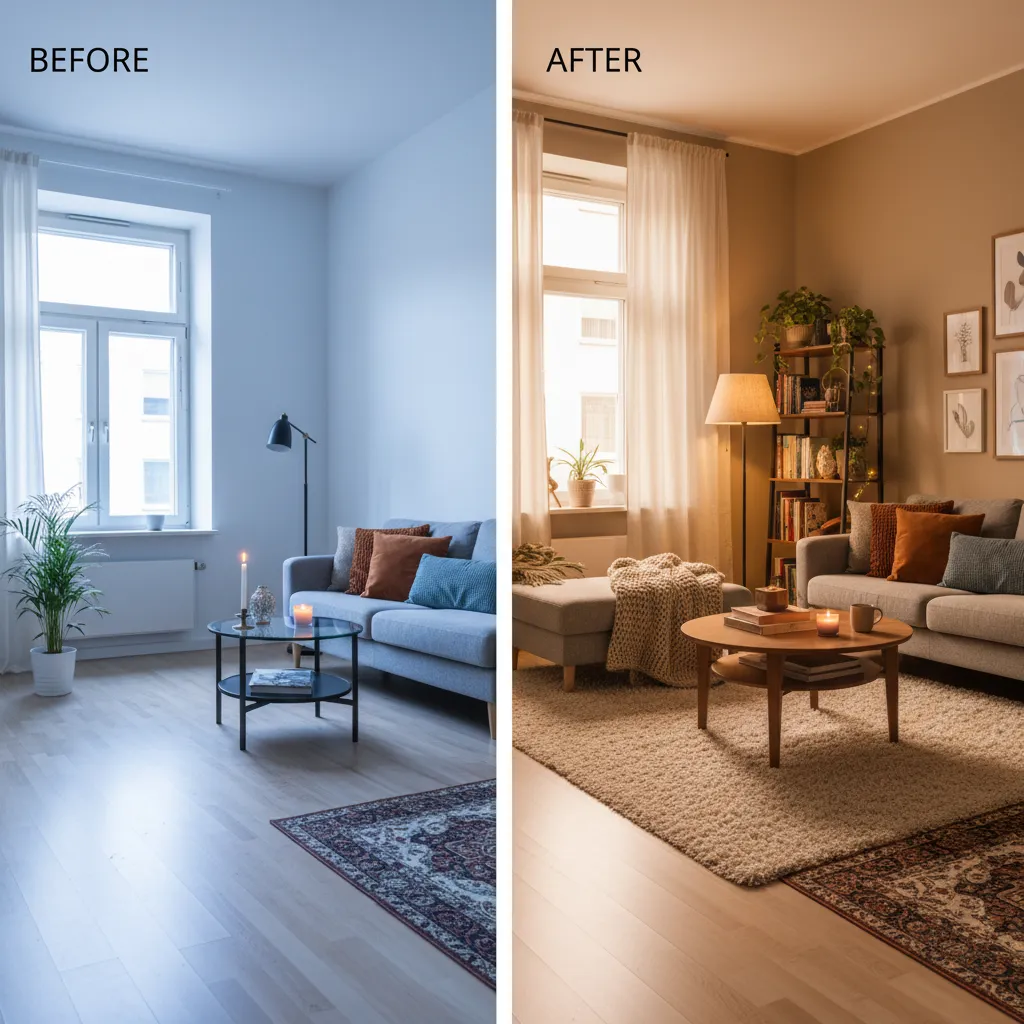 Comparación de salón antes y después con mejor iluminación y textiles