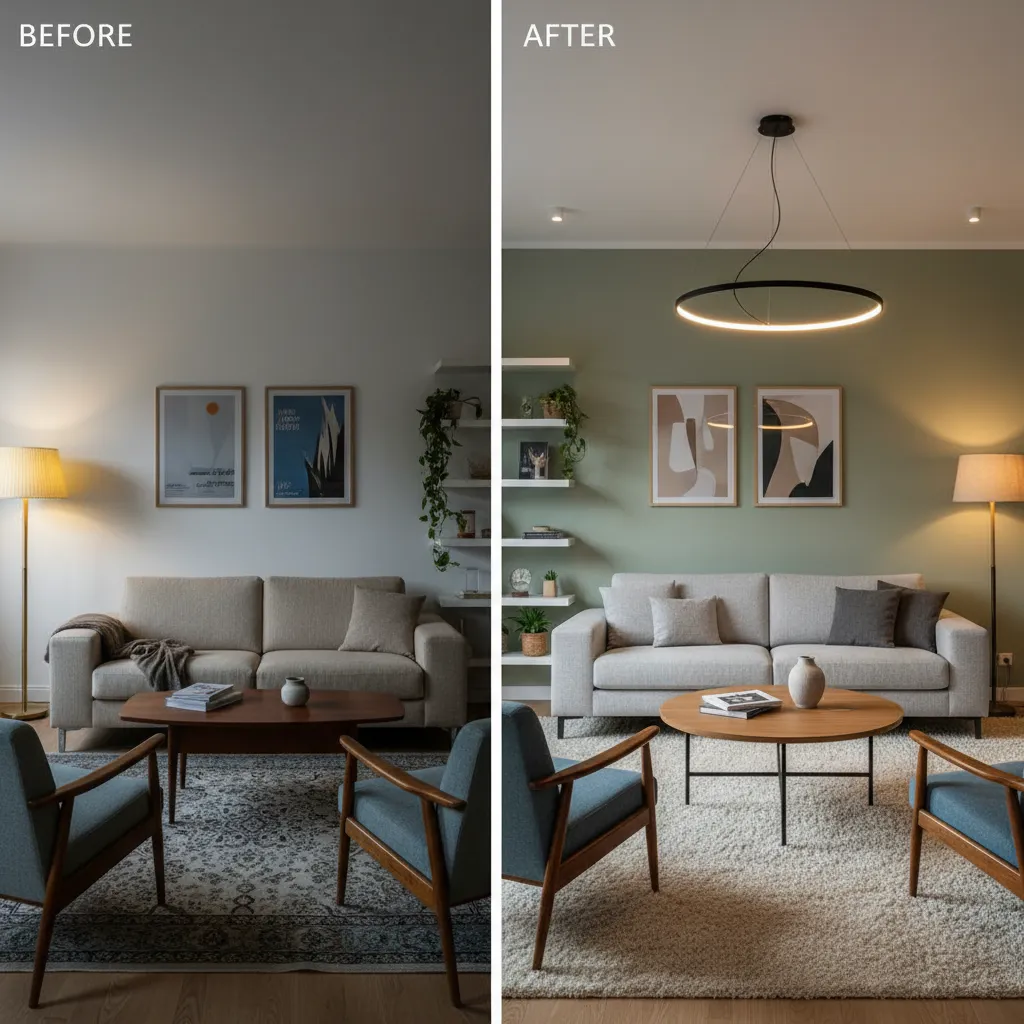 Comparación antes y después de decorar un salón