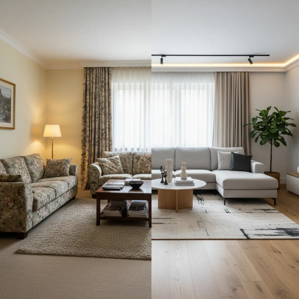 Comparación antes y después de una reforma de salón