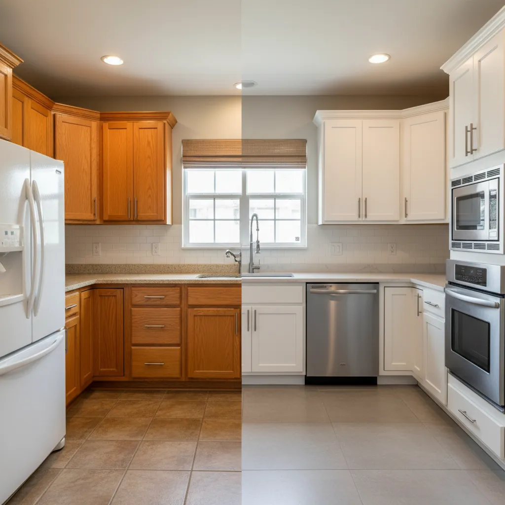 comparison of outdated kitchen cabinets and newly refaced modern shaker cabinets