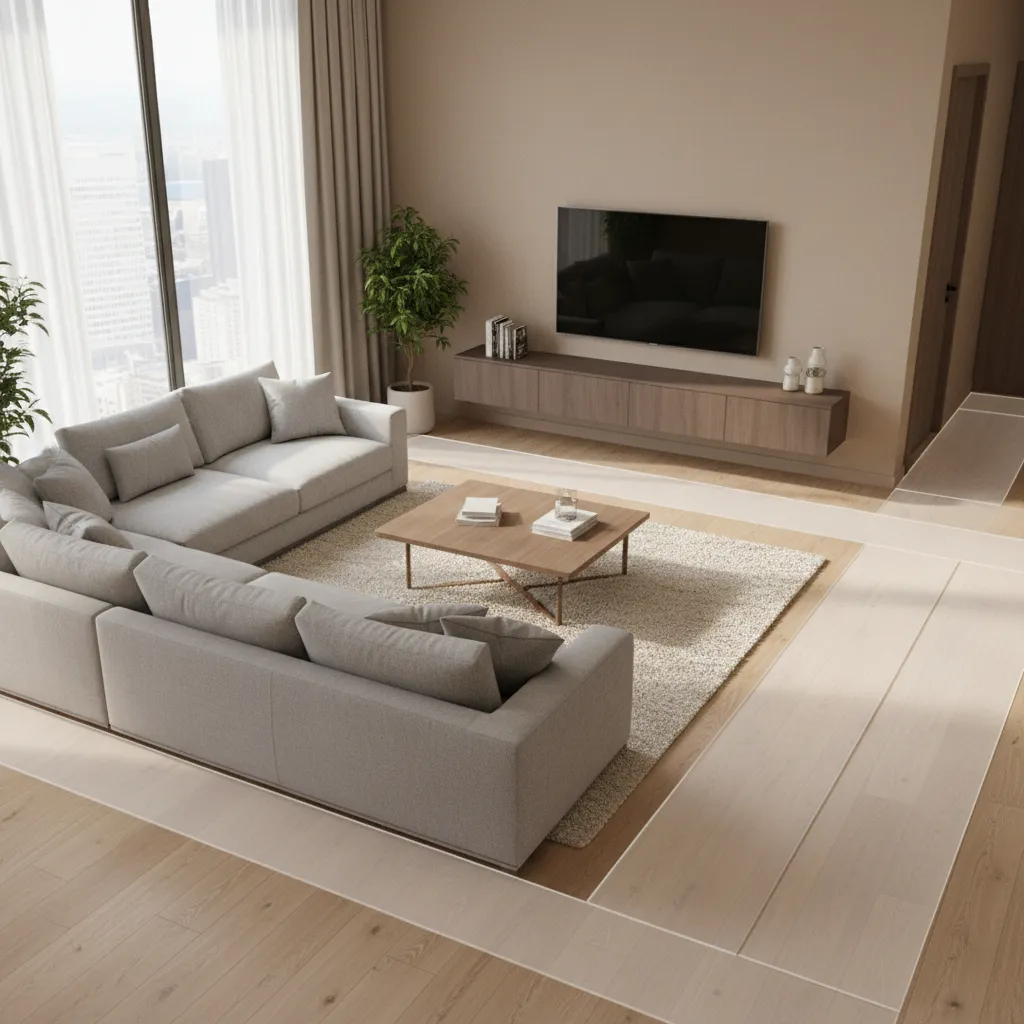 3D interior layout showing sofa coffee table and walking path spacing test