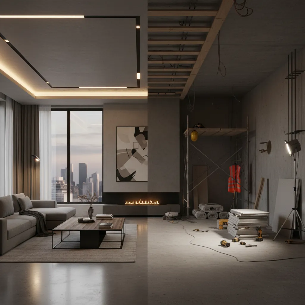Comparación conceptual entre render de interior y espacio en obra