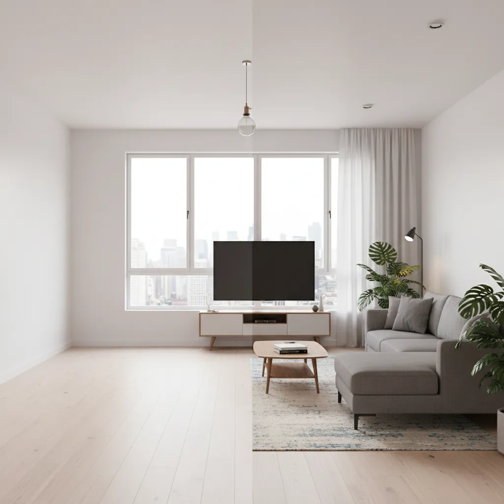 Comparación entre espacio vacío y visualización digital del diseño interior