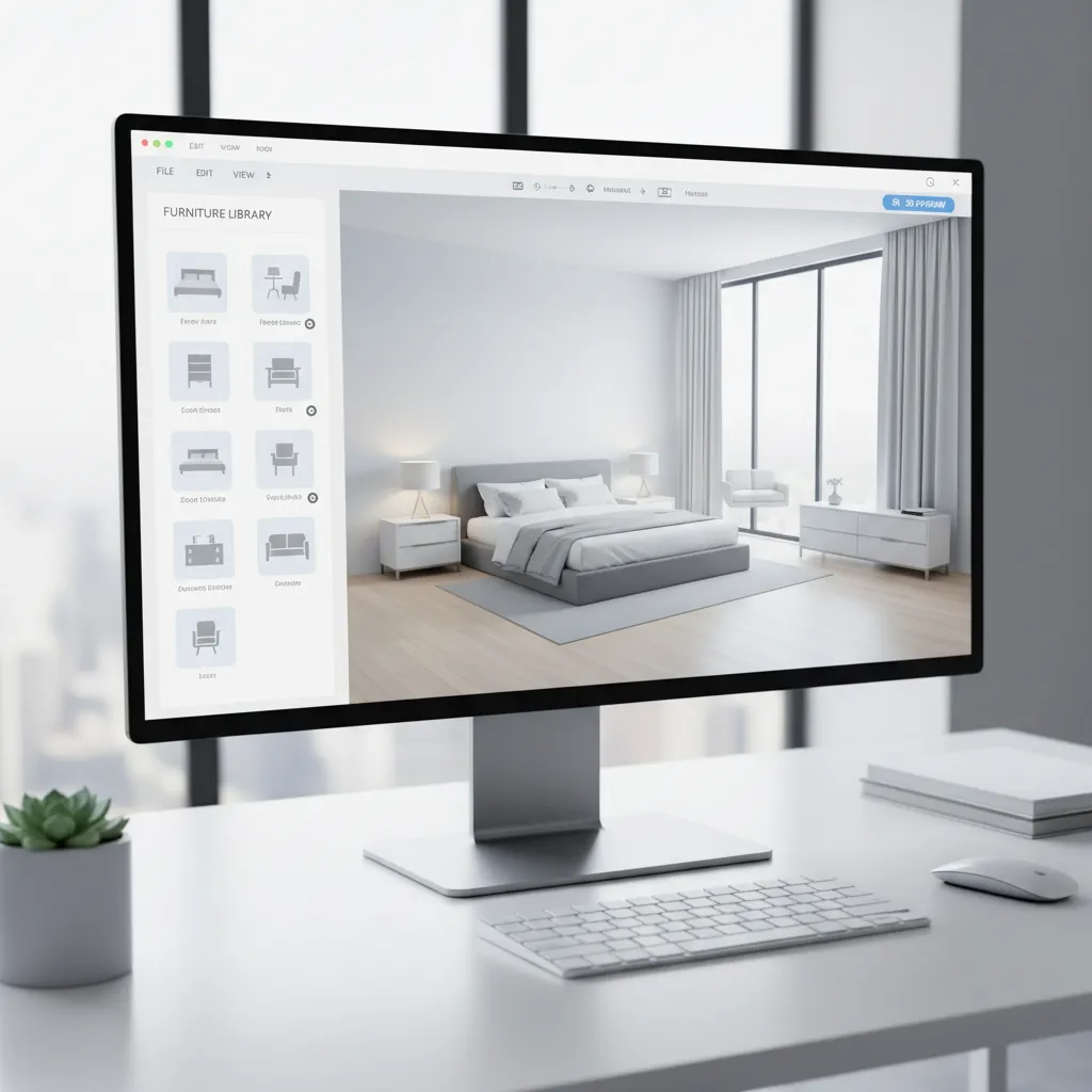 beginner friendly home interior 3D design software interface with drag and drop furniture