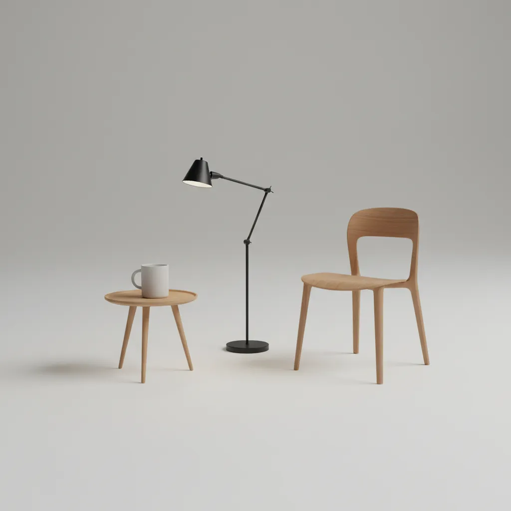 collection of simple 3D modeled beginner objects like mug lamp and chair