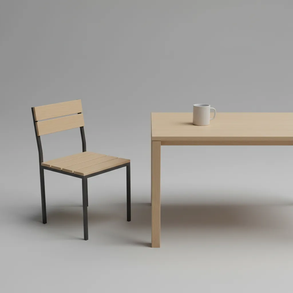 simple 3D objects like cup table and chair created by beginner modeling practice