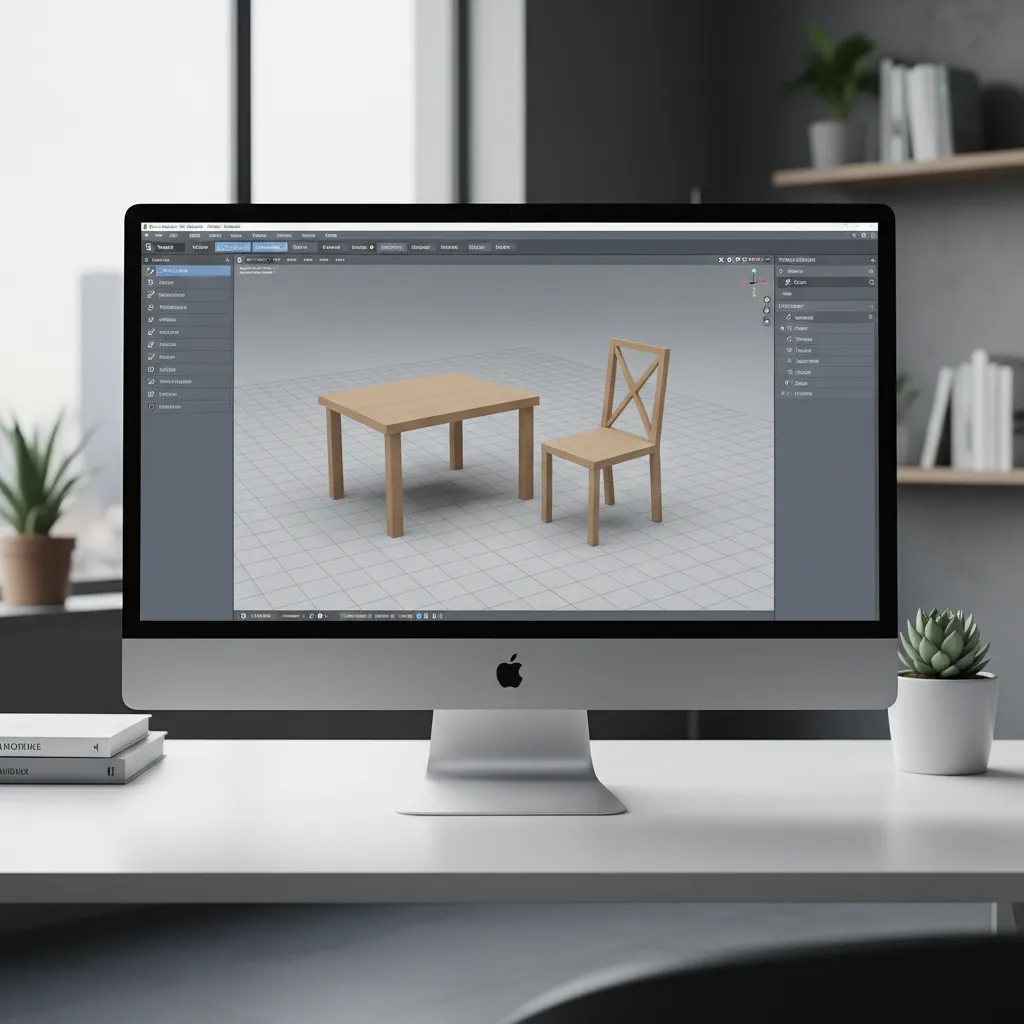 3D modeling software interface with simple interior objects