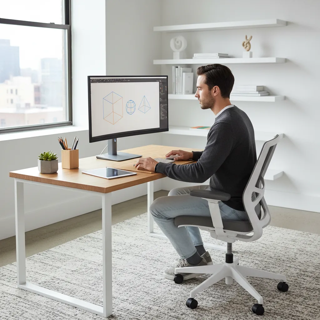 Beginner exploring 3D modeling software on a desktop computer with simple geometric models